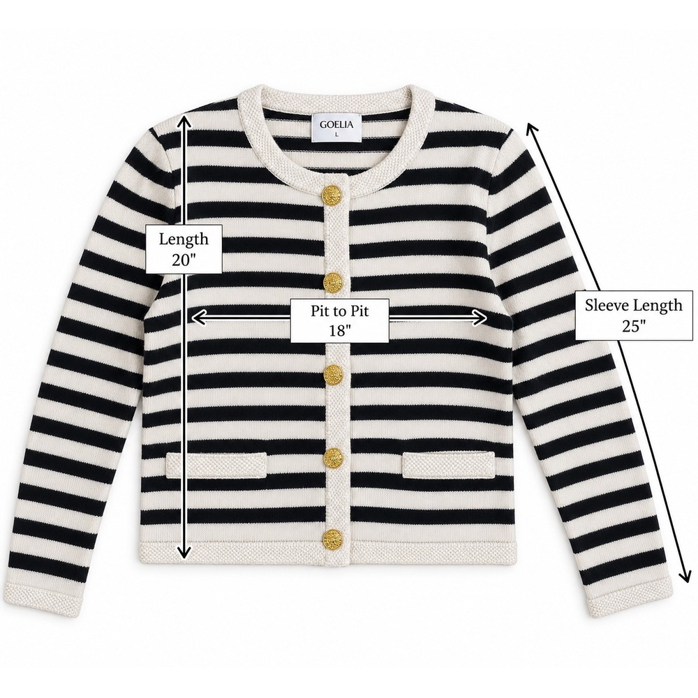 GOELIA Wool Cardigan L(8) Black White Breton Stripe Gold Button Parisian Coastal - Picture 2 of 8